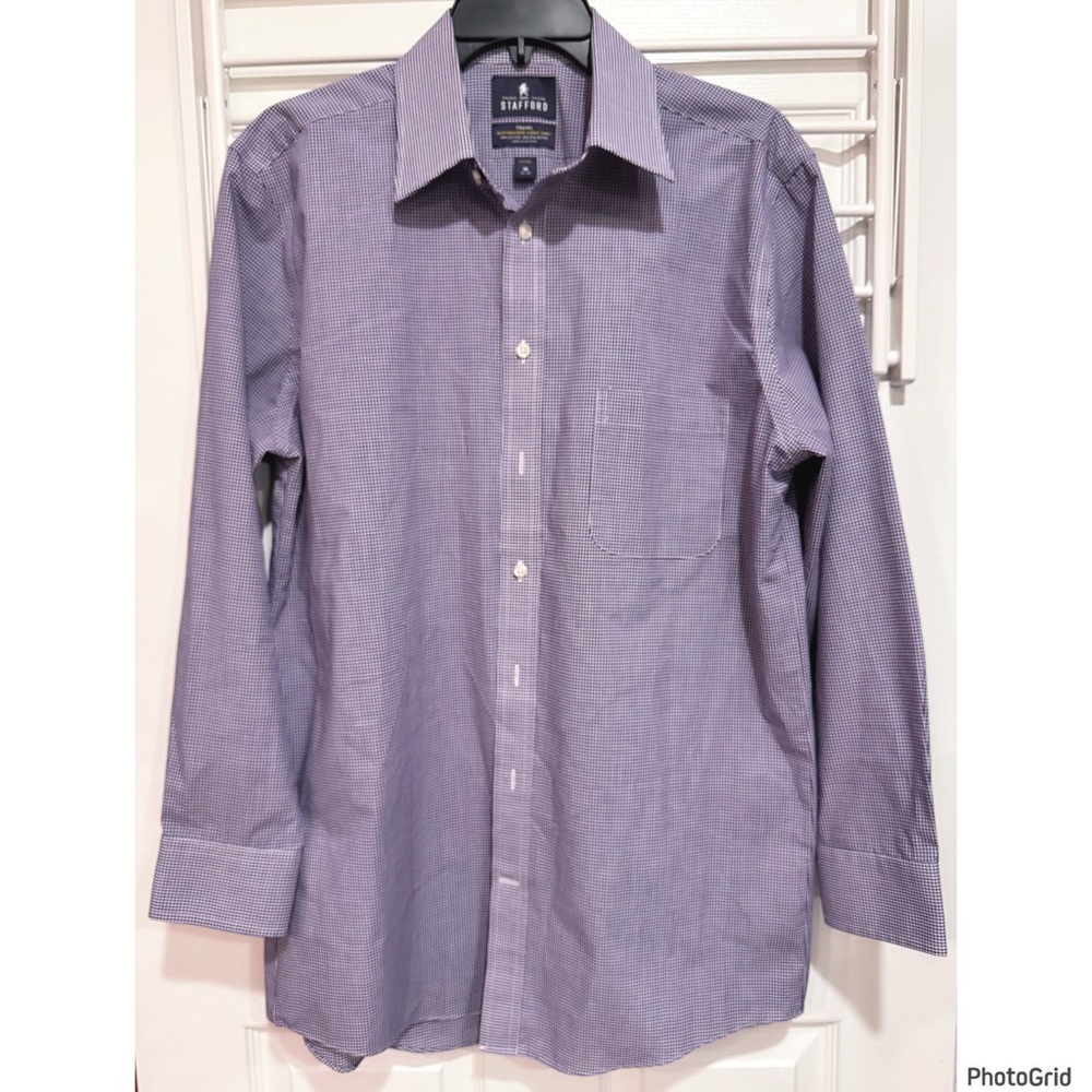 Stafford Purple Gingham Plaid Dress Shirt Travel Fitted 16 32/33 Workwear